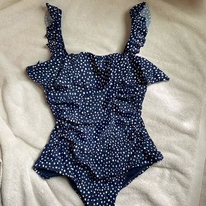 NWT Kona Sol One piece swimsuit.  Blue and White Polka dots.  Size XS